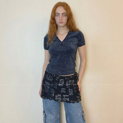 Italian Y2K Black Mesh Short Sleeves Blouse with Silver Sparkles (S)