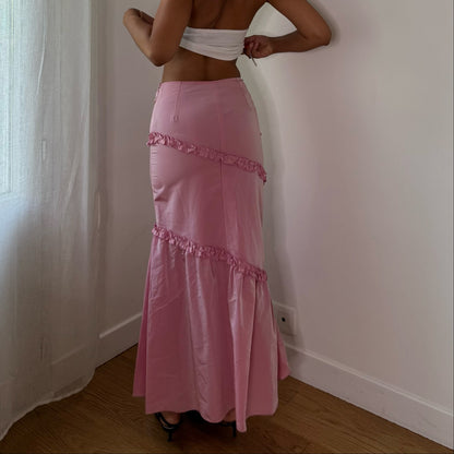 Vintage Baby Pink Satin Ruffle Mermaid Maxi Skirt Euro Y2K (XS/S)