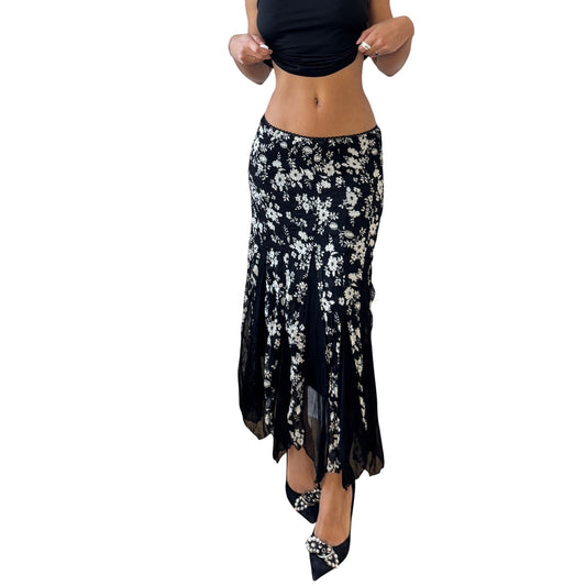Vintage Italian Black Floral Mesh Midi Skirt Sheer Ruffle Hem (S)