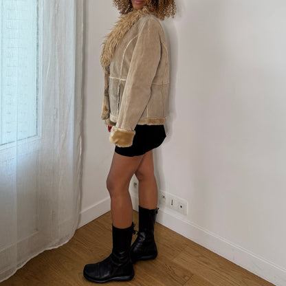 French vintage beige genuine suede leather jacket with oversized shaggy faux fur collar & shearling-style trim