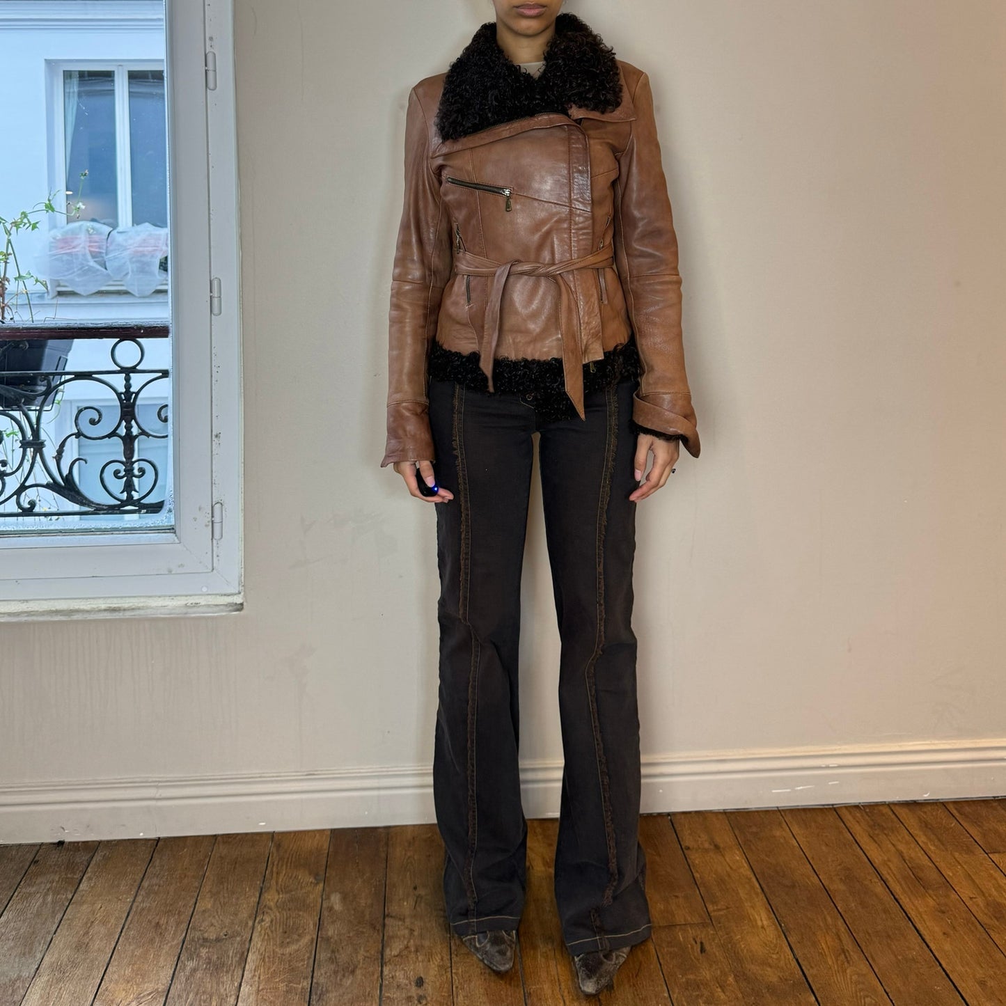 Vintage 90s Italian leather with Mongolian fur trimmed jacket (S)