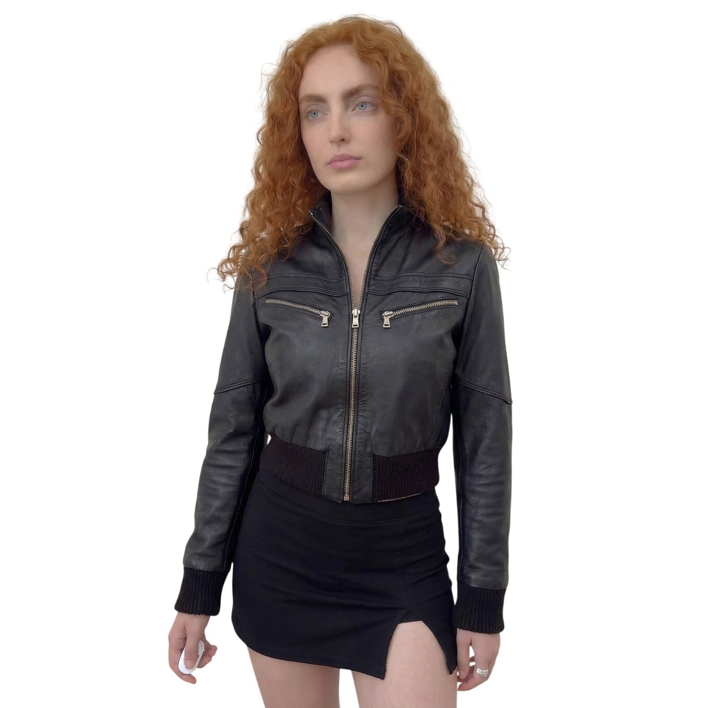 Vintage Italian black real leather zip front jacket with ribbed cuffs and waist (S)