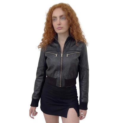 Vintage Italian black real leather zip front jacket with ribbed cuffs and waist (S)