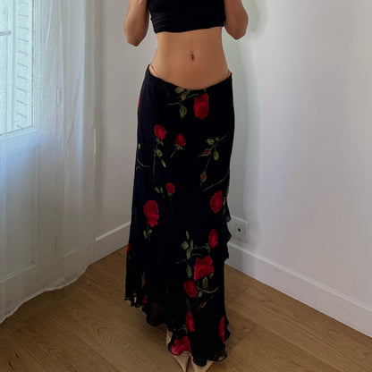 Vintage Italian Black Red Rose Floral Mesh Maxi Skirt (M)