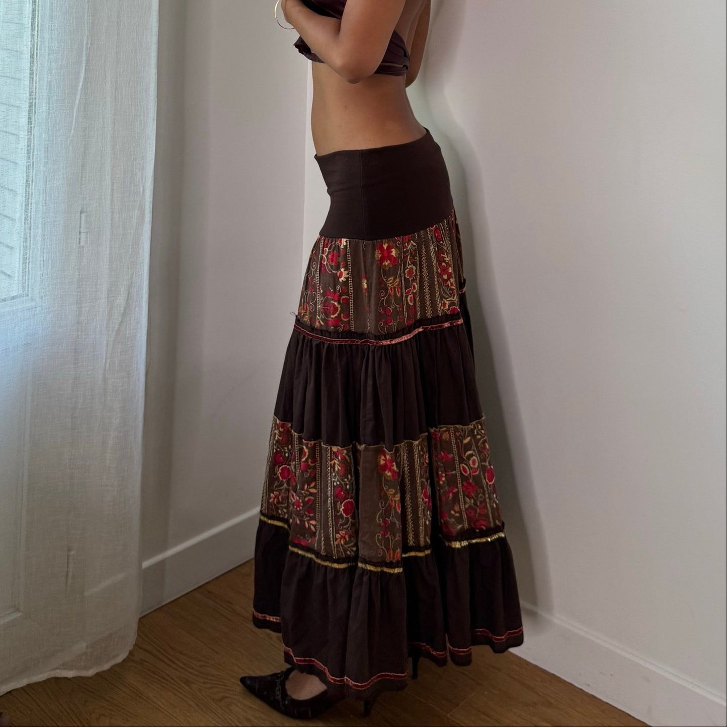 Vintage Brown Floral Tiered Maxi Skirt Italian Boho Y2K (S/M)