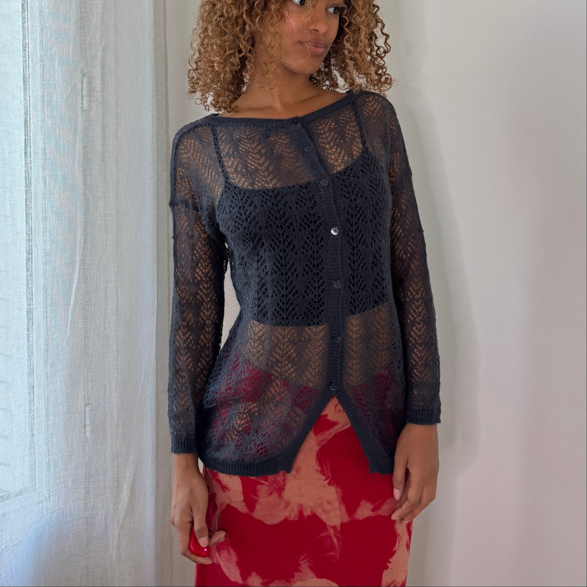 Italian Vintage Charcoal Grey/Blue Sheer Openwork Crochet Knit Long Sleeve Button Front Cardigan