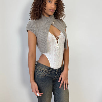 Vintage Italian grey mohair wool blend cropped knit cape cardigan with high collar and double button closure (S)