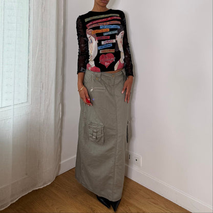 Misia Paris French vintage Y2K black illustrated graphic top with French poetry print & sheer doodle mesh sleeves