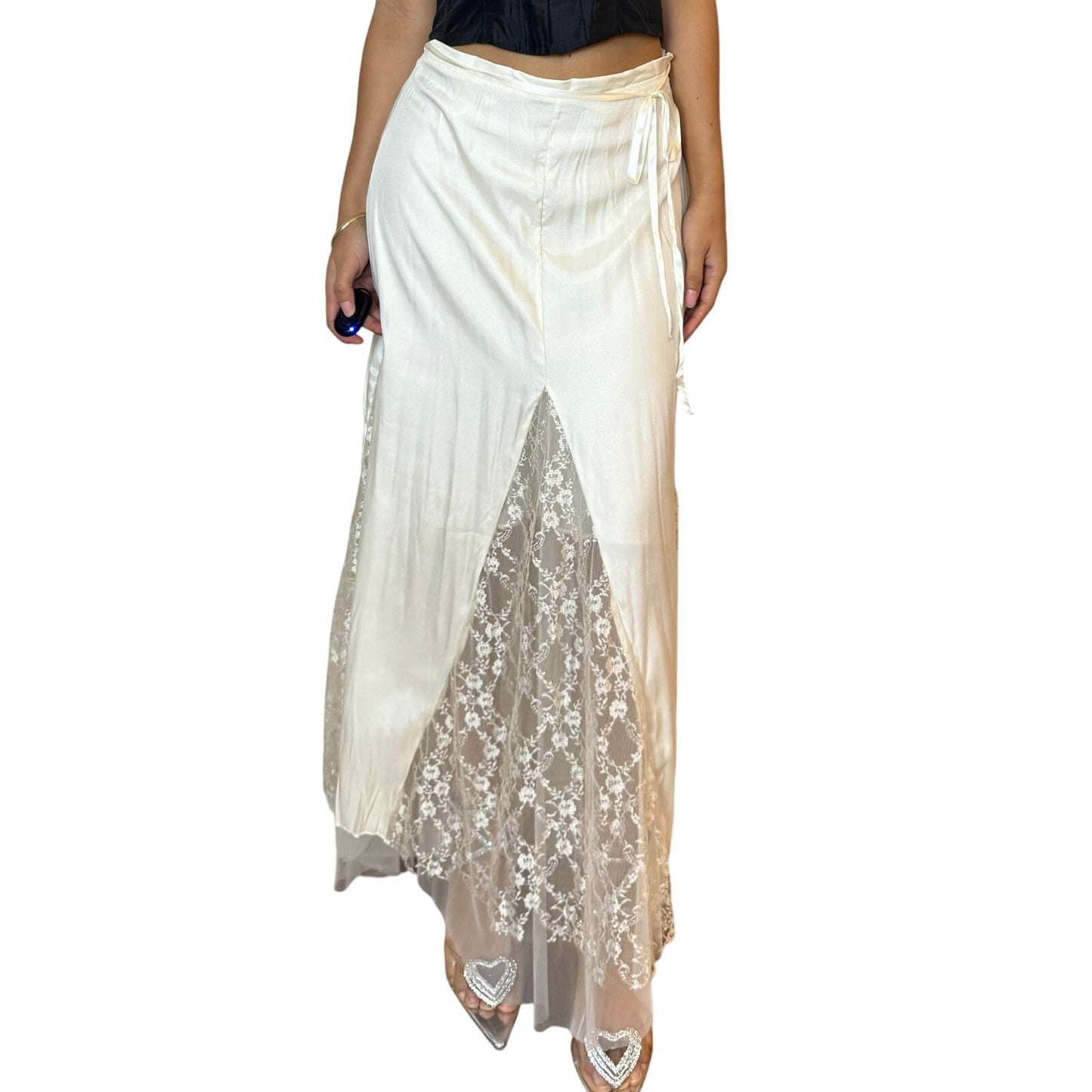 Vintage Ivory Satin Maxi skirt (S)