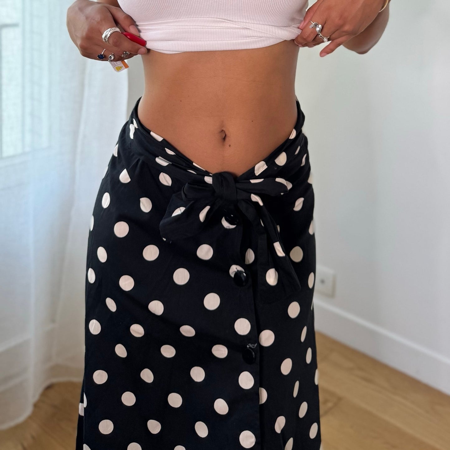 Vintage Italian Black White Polka Dot Wrap Midi Skirt Y2K (S)