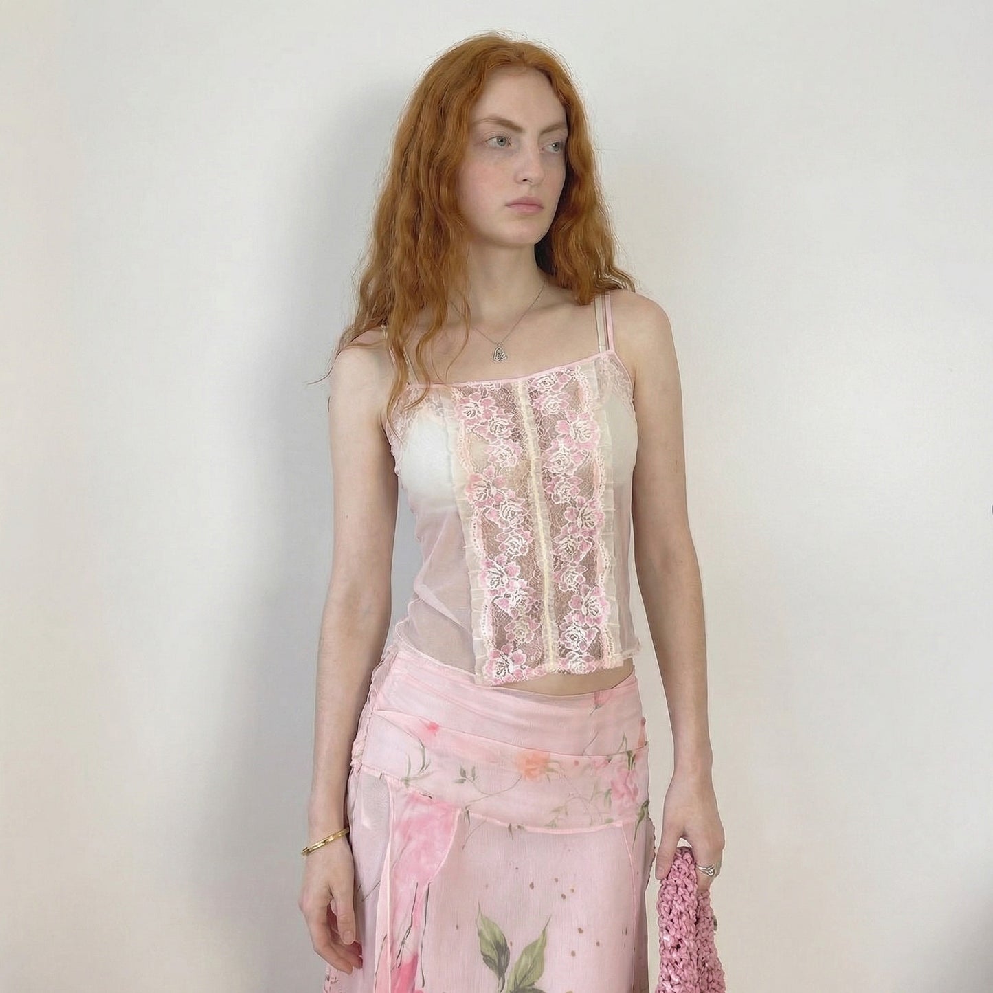 Italian vintage sheer blush mesh cami with pink floral lace panels (S)