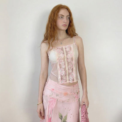 Italian vintage sheer blush mesh cami with pink floral lace panels (S)