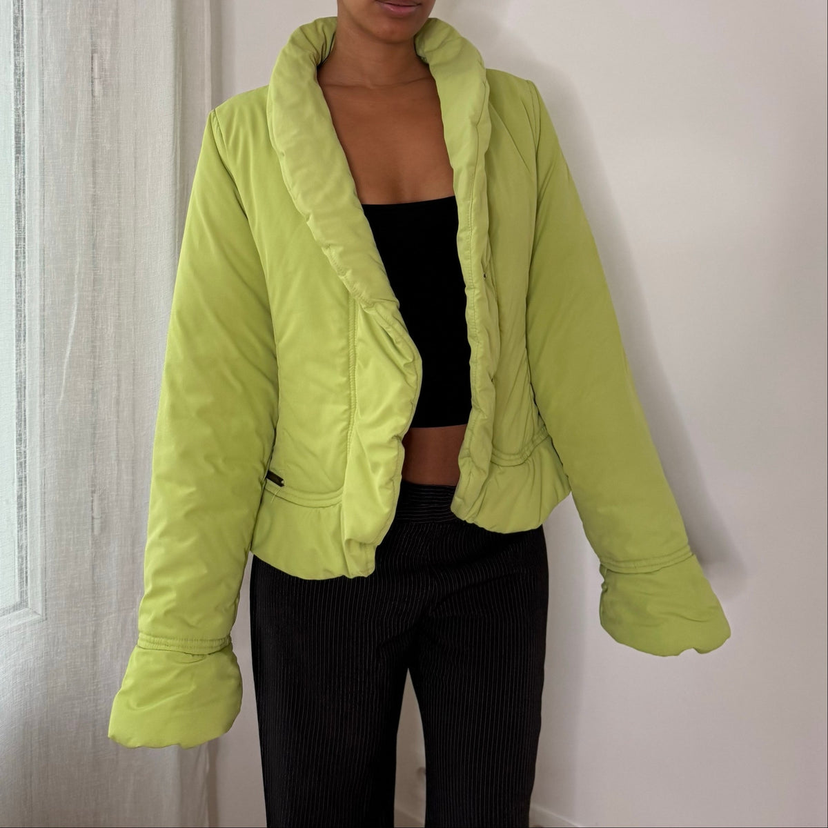 Italian vintage lime green padded jacket with oversized shawl collar