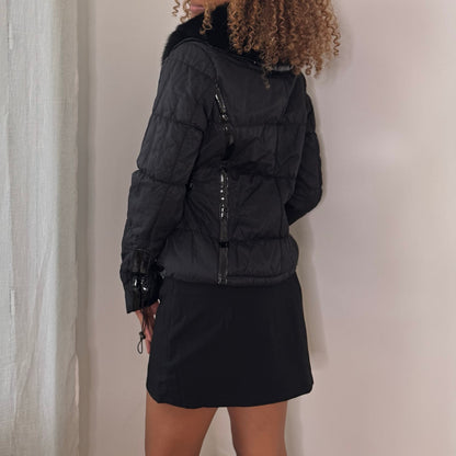 Italian vintage black quilted puffer jacket with oversized faux fur collar & fitted waist
