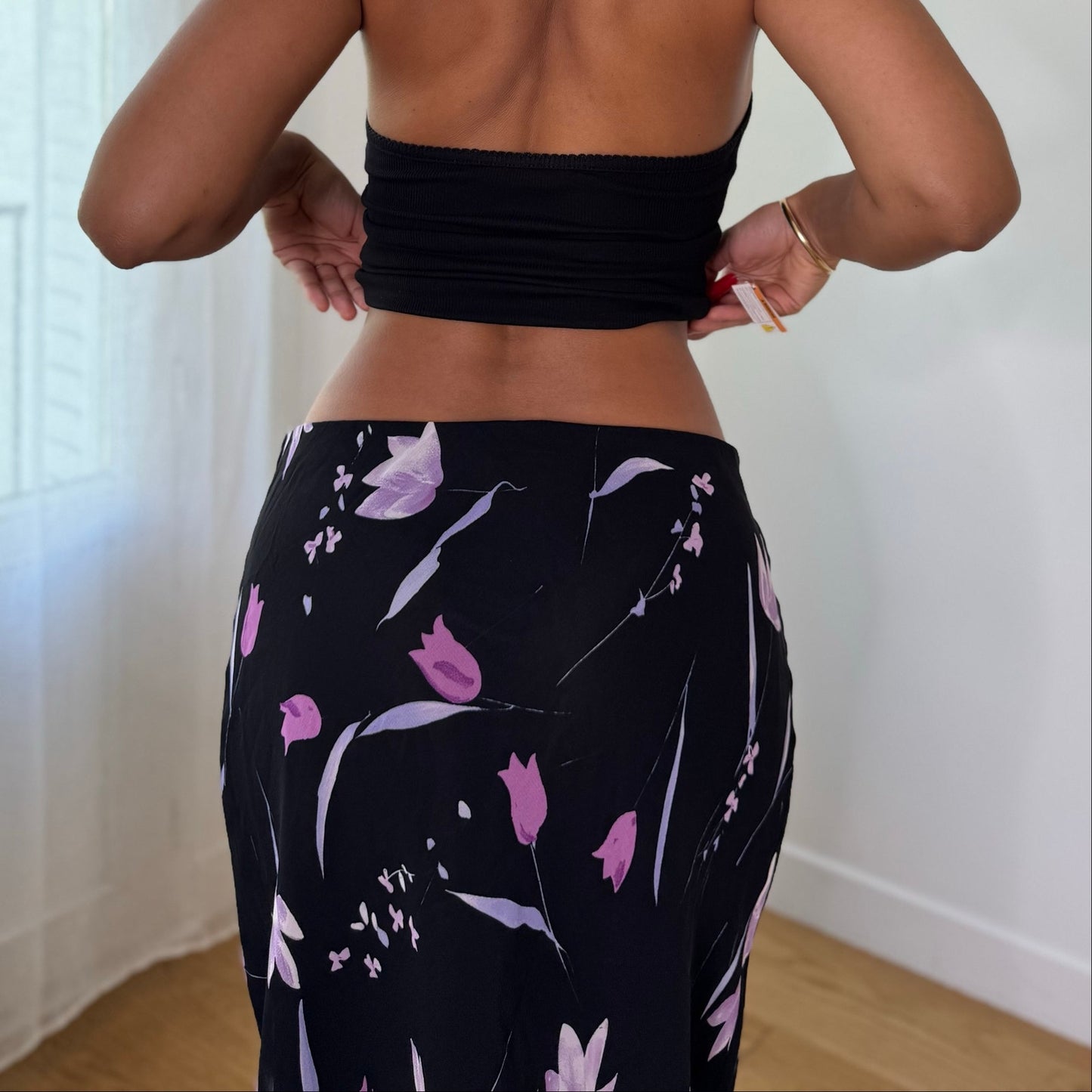 Vintage Black Pink Purple Floral Mesh Midi Skirt Euro Y2K (S)
