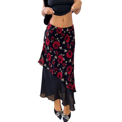 Vintage Italian Black Red Rose Mesh Midi Skirt Asymmetrical Sheer Hem (S)