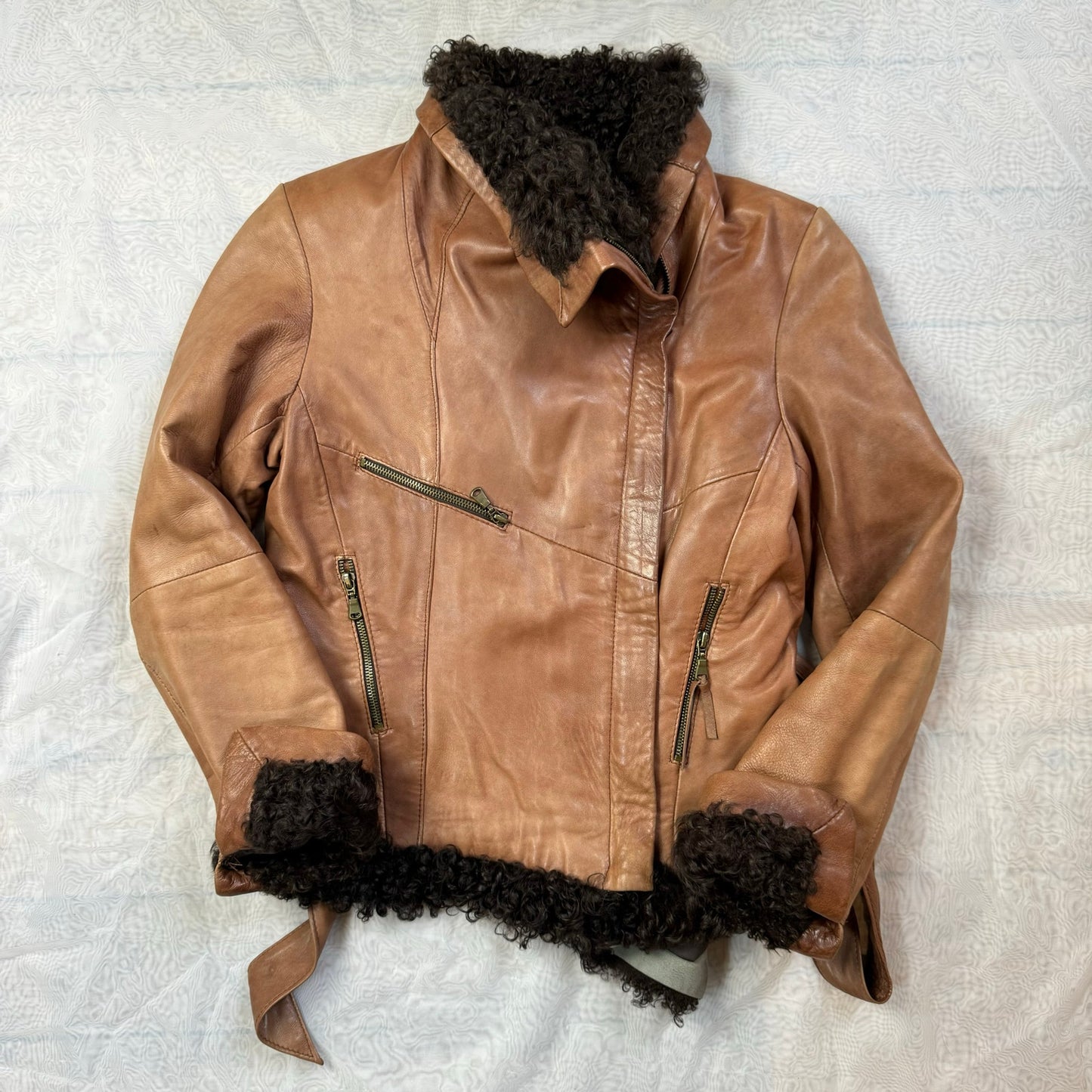 Vintage 90s Italian leather with Mongolian fur trimmed jacket (S)