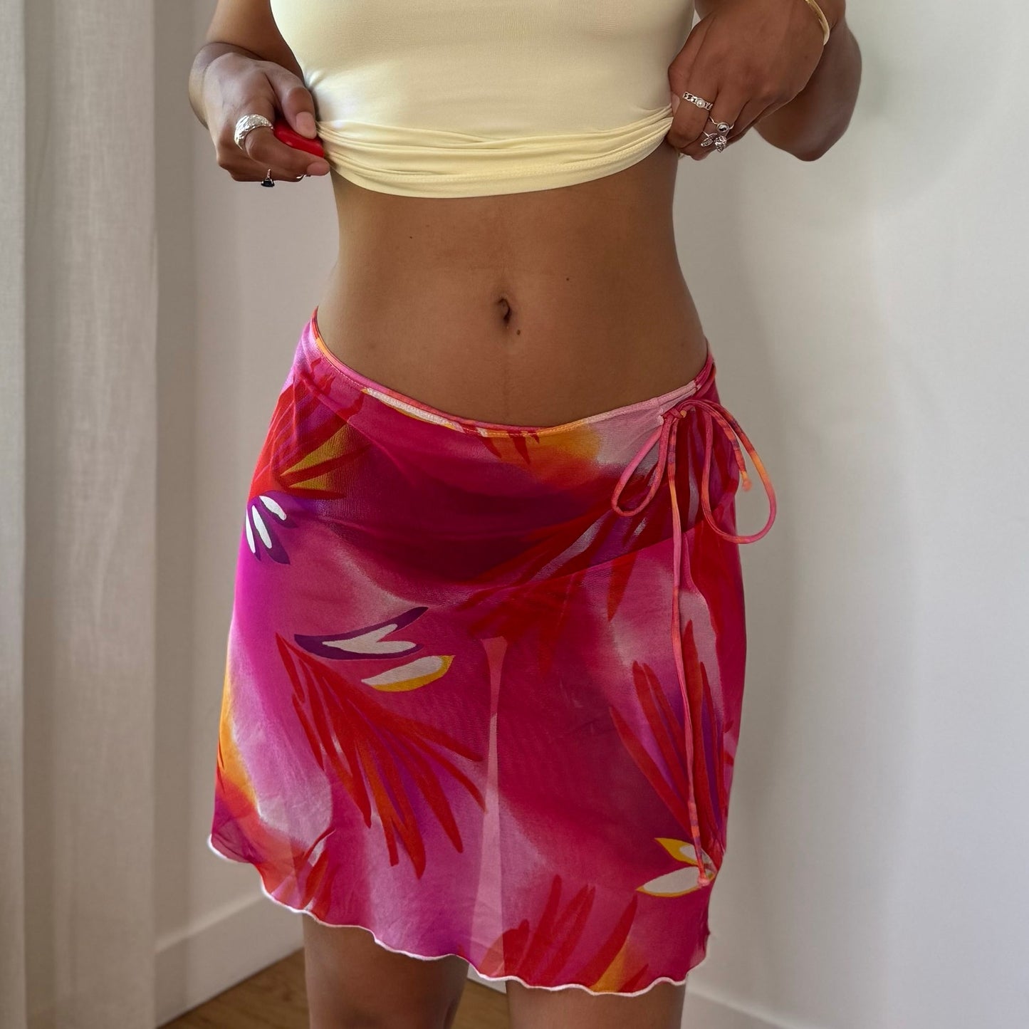 Vintage Hot Pink Red Orange Floral Mesh Wrap Pareo Mini Skirt Y2K (S)