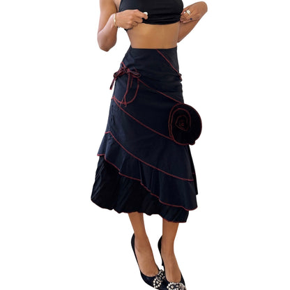 Vintage French Black Midi Skirt Red Contrast Stitch Asymmetrical Hem (XS)