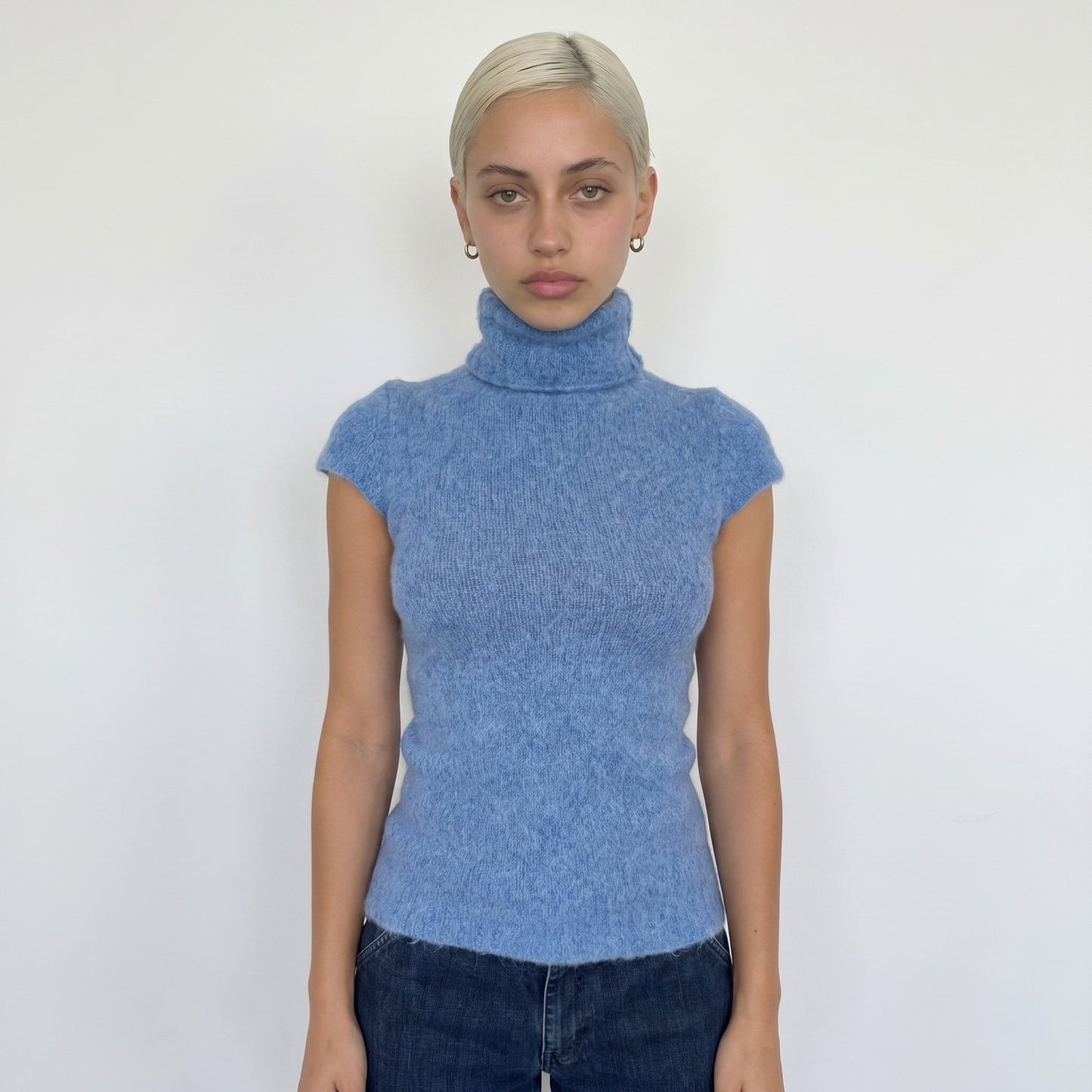 Vintage Blue Mohair Wool Blend Knit Top Cap Sleeve Turtleneck Italian (S/M)