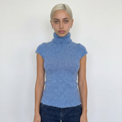 Vintage Blue Mohair Wool Blend Knit Top Cap Sleeve Turtleneck Italian (S/M)