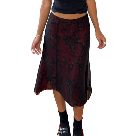Vintage Italian black & red sheer floral layered midi skirt (XS/S)