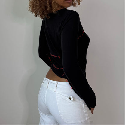 Vintage Black Red Custo Barcelona Bell Sleeve Slinky Top Graphic Patch Y2K (S/M)