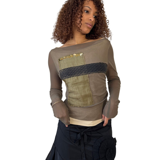 Vintage Italian Sheer Layered Mesh Top with Olive Patchwork Panel and Metallic Sequin Detail (S)