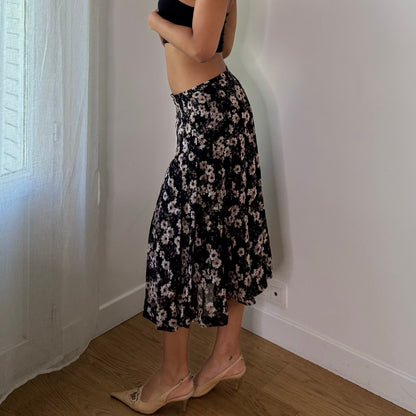 Vintage Black Brown Floral Mesh Midi Skirt (S)