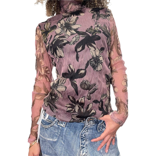 90s Purple & Black Florals Long Sleeves Mesh Turtleneck (S/M)