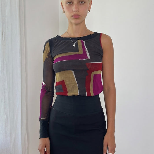Vintage Italian Multicolor Asymmetric Mesh Long Sleeve Top (S)