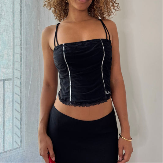 Vintage Black Mesh Bustier Corset Top Rhinestone Lace Italian Y2K (S/M)