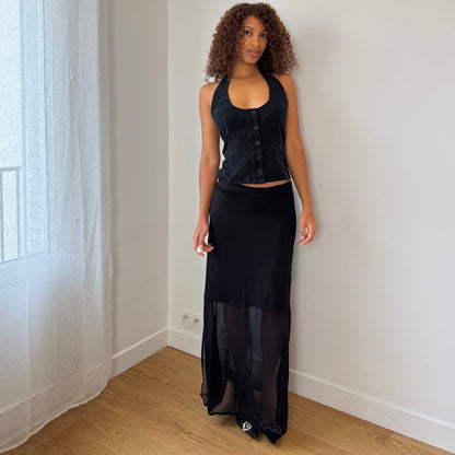 Vintage Euro black sheer panel maxi skirt (M)