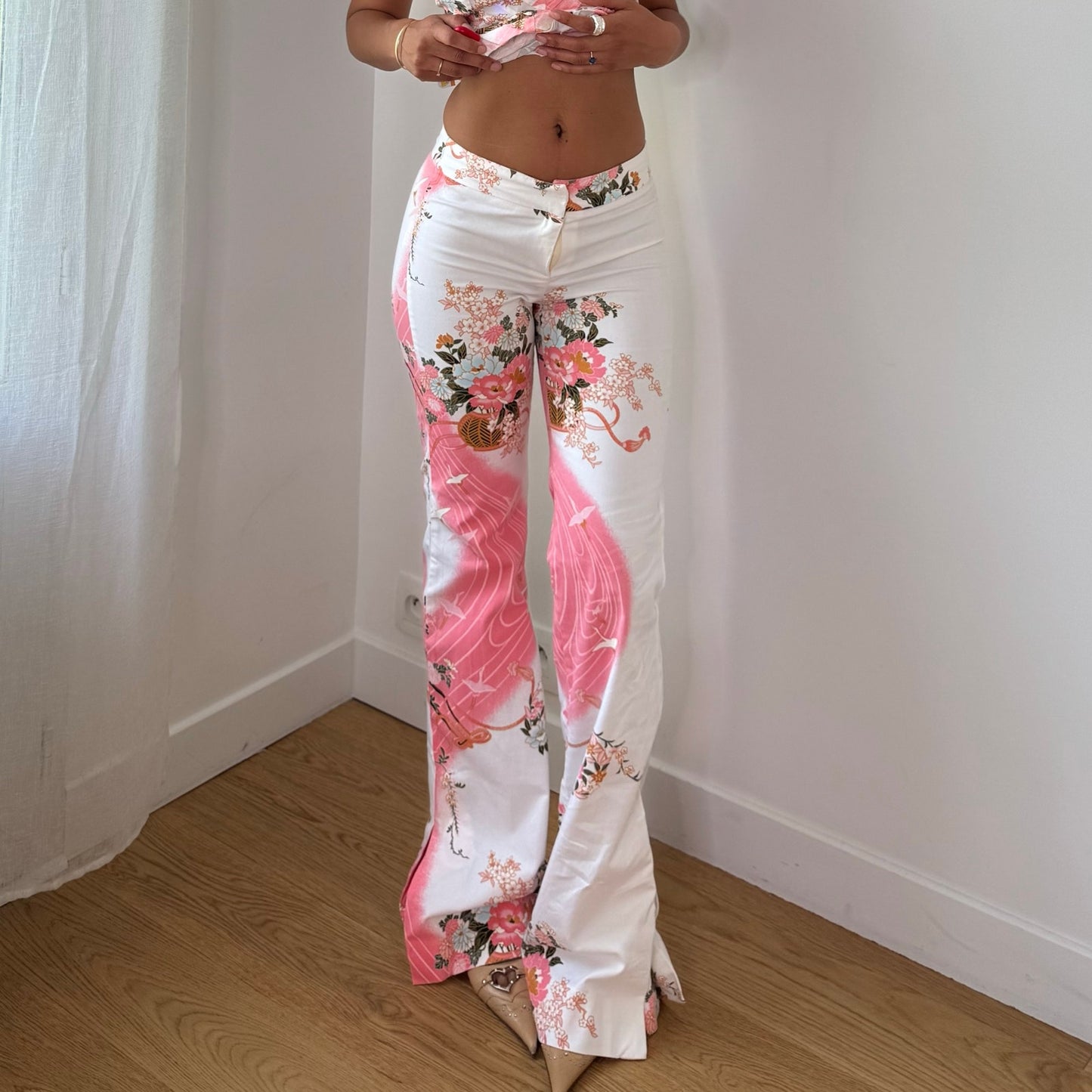 Vintage White Pink Floral Bustier & Pants Set Cotton Spanish Y2K (XS/S)