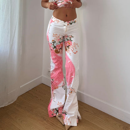 Vintage White Pink Floral Bustier & Pants Set Cotton Spanish Y2K (XS/S)
