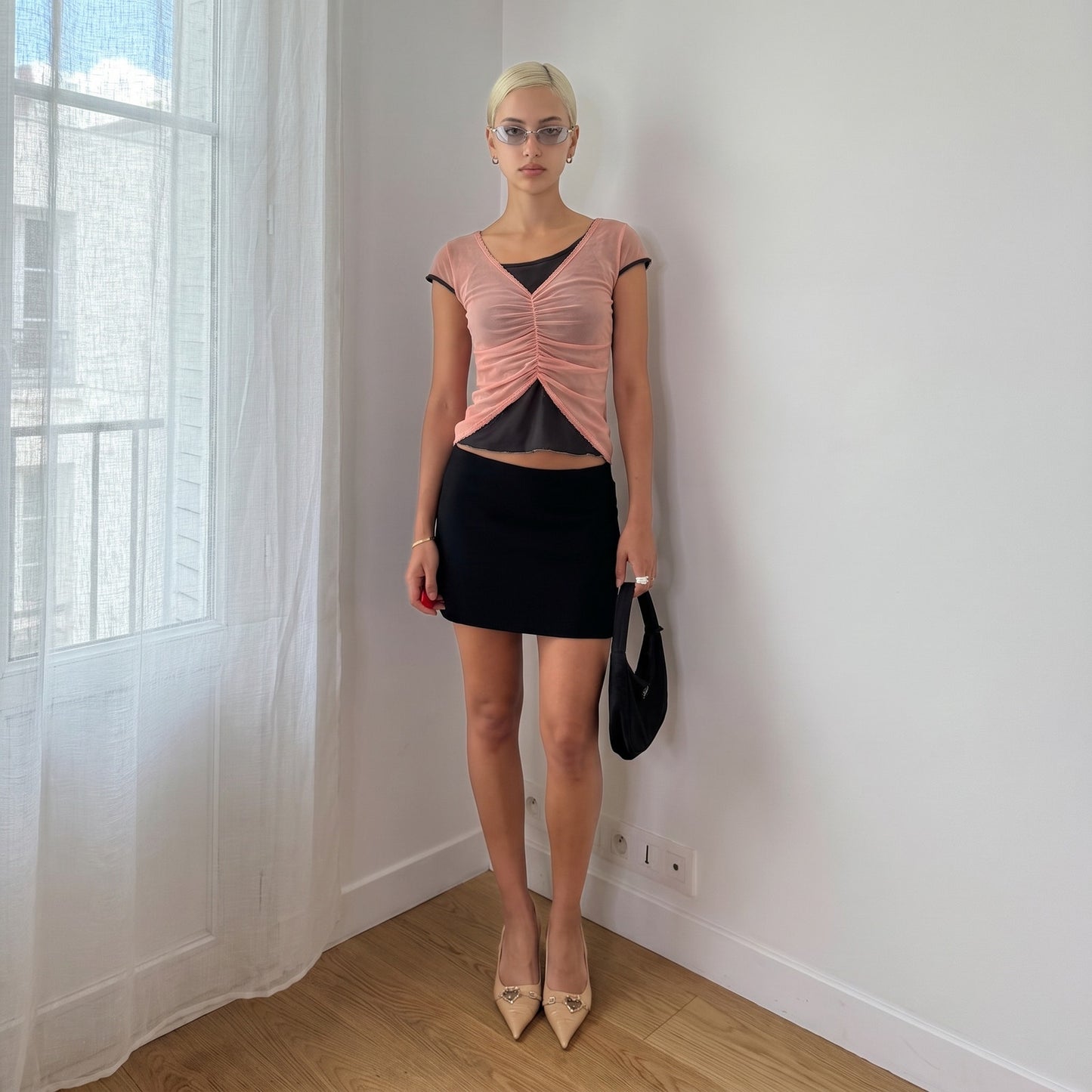 Vintage Layered Pink Mesh Ruched Top Sheer Italian Y2K (S)