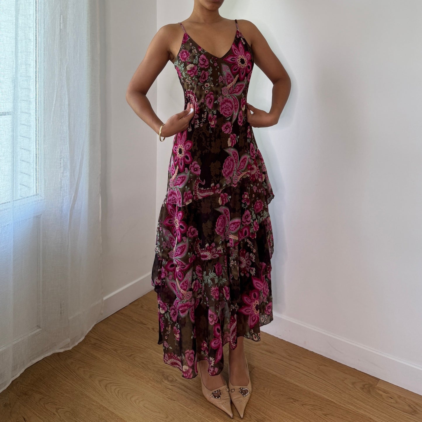 Vintage Brown Pink Floral Mesh Midi Dress Y2K Fairy Grunge Slip Dress (M) ⠀