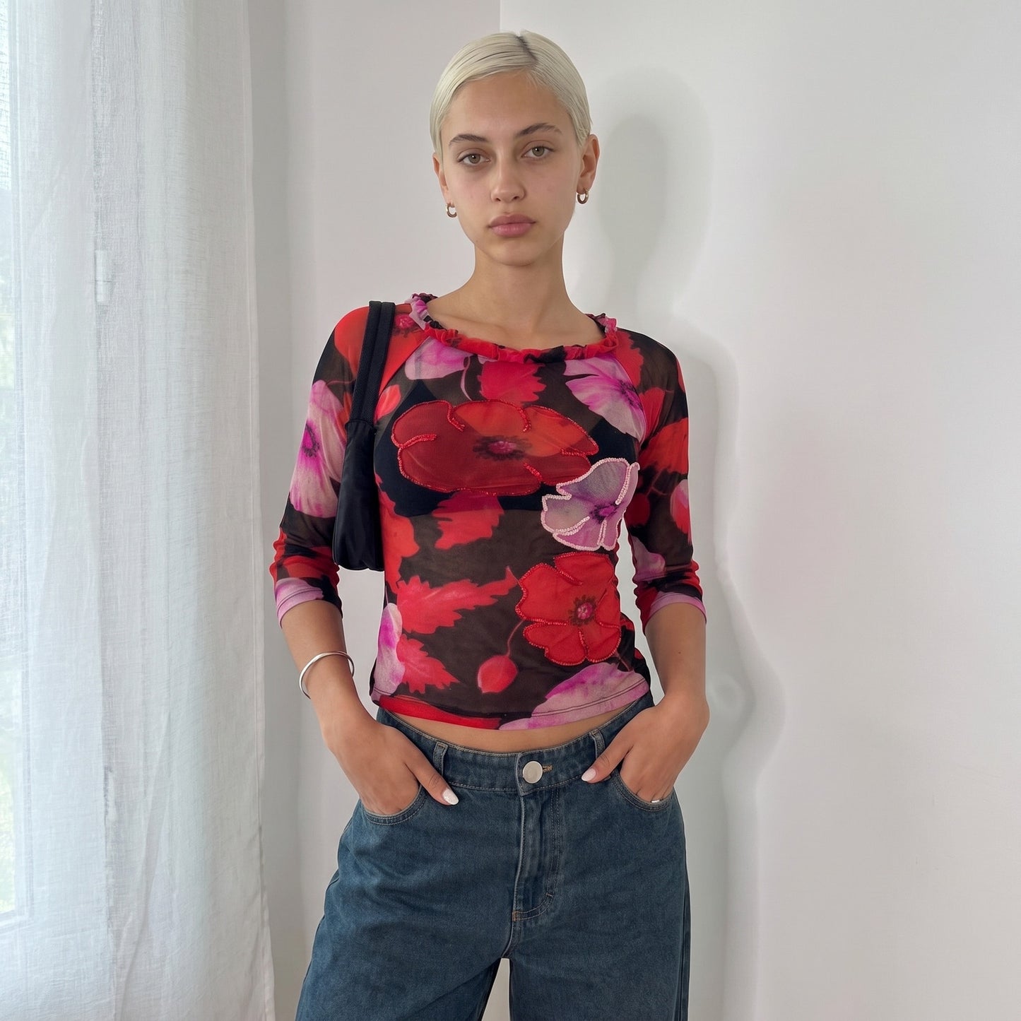 Vintage Black & Red Floral Mesh Top Sequin Appliqué Italian Y2K (S)