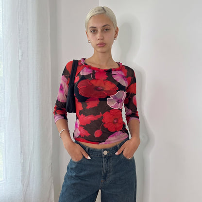 Vintage Black & Red Floral Mesh Top Sequin Appliqué Italian Y2K (S)