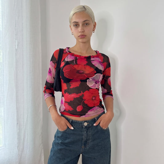Vintage Black & Red Floral Mesh Top Sequin Appliqué Italian Y2K (S)