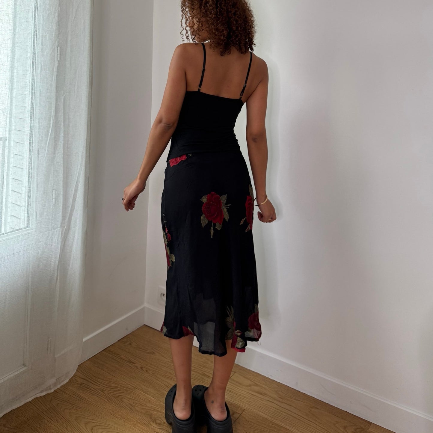 Vintage Black Satin Mesh Cami Top Beaded Lace Italy Y2K (S)