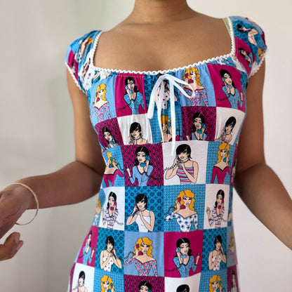 Vintage Comic Print Babydoll Dress Spanish Y2K Pop Art Mini Dress (S/M) ⠀
