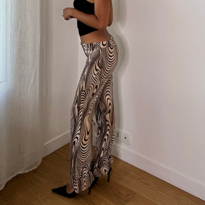Italian Vintage Beige Brown Psychedelic Swirl Print 2 Piece Vest & Flared Pants Set