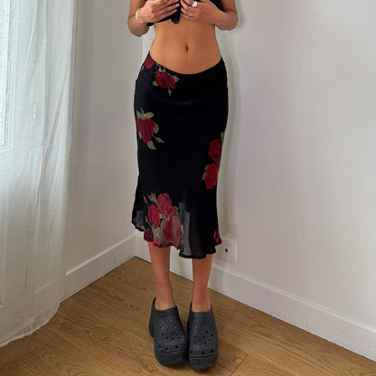 Vintage Black Red Rose Mesh Midi Skirt Double Lined Y2K (S)
