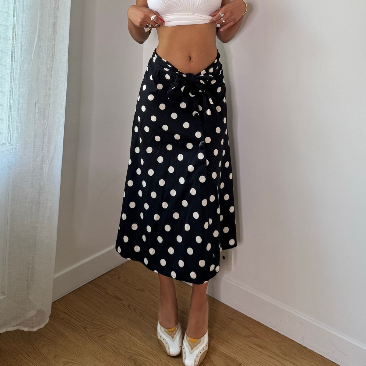 Vintage Italian Black White Polka Dot Wrap Midi Skirt Y2K (S)