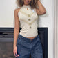 Vintage 90s cream knit high mock neck sleeveless top with gold sequins (S)