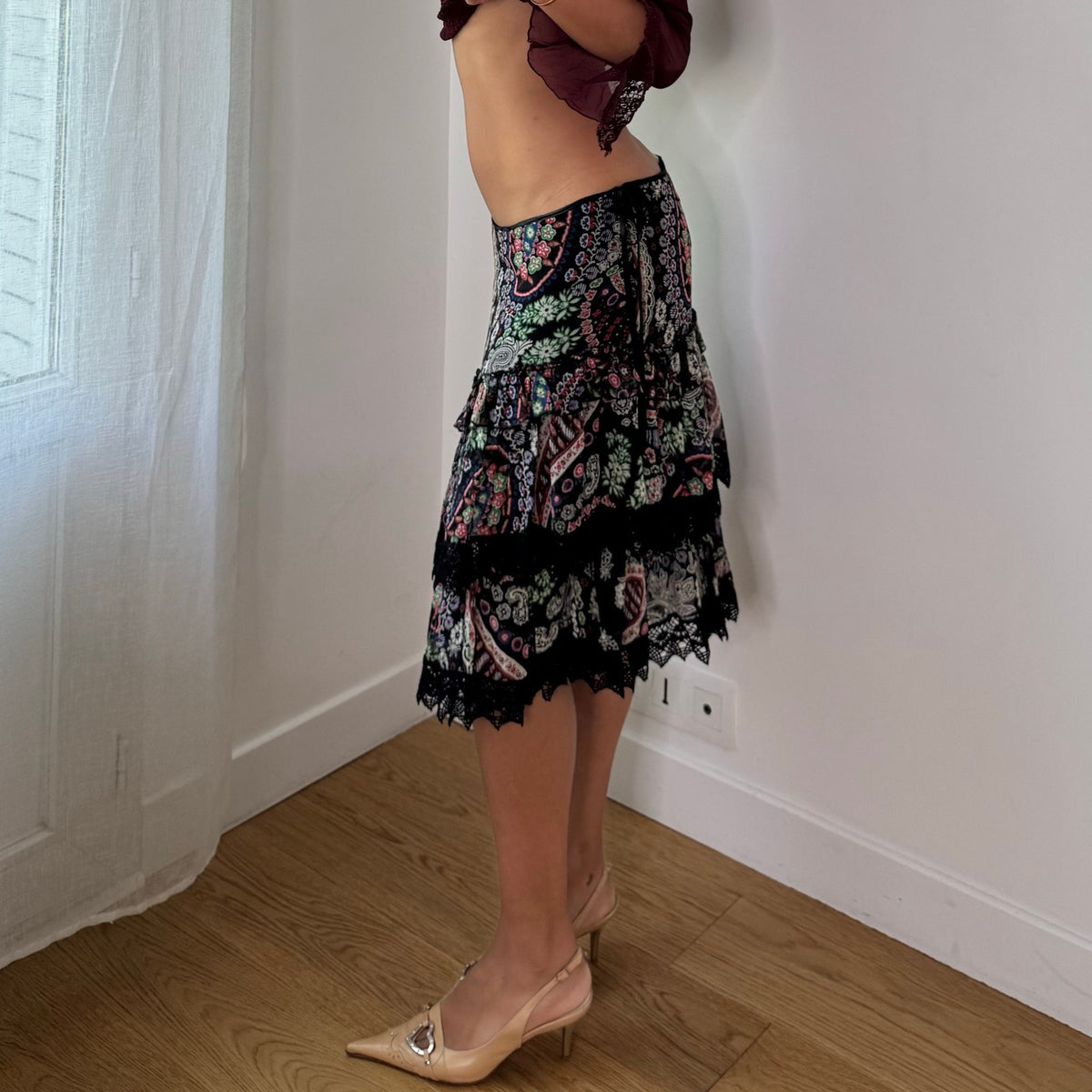 Vintage Pinko Silk Paisley Lace Midi Skirt