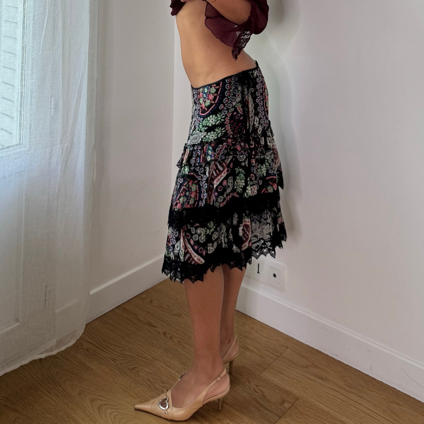 Vintage Pinko Silk Paisley Floral Tiered Midi Skirt Y2K (S/M)