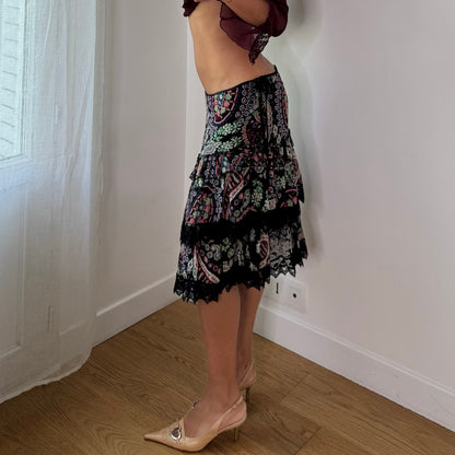 Vintage Pinko Silk Paisley Floral Tiered Midi Skirt Y2K (S/M)