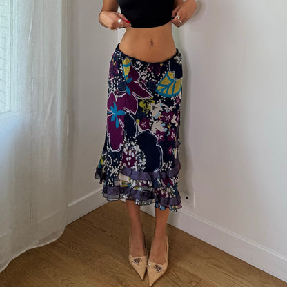 Vintage Navy Purple Blue Floral Ruffle Midi Skirt Italian Y2K (S/M)